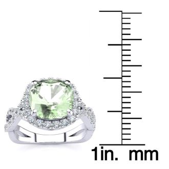 2 1/2 Carat Cushion Cut Green Amethyst and Halo Diamond Ring With Fancy Band In 14 Karat White Gold