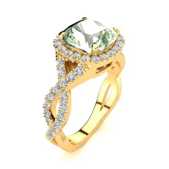2 1/2 Carat Cushion Cut Green Amethyst and Halo Diamond Ring With Fancy Band In 14 Karat Yellow Gold
