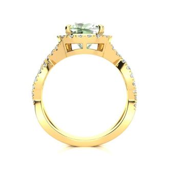 2 1/2 Carat Cushion Cut Green Amethyst and Halo Diamond Ring With Fancy Band In 14 Karat Yellow Gold