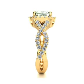 2 1/2 Carat Cushion Cut Green Amethyst and Halo Diamond Ring With Fancy Band In 14 Karat Yellow Gold