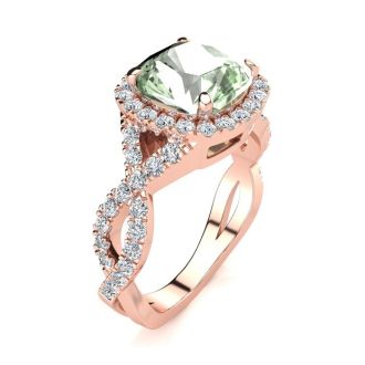 2 1/2 Carat Cushion Cut Green Amethyst and Halo Diamond Ring With Fancy Band In 14 Karat Rose Gold