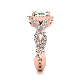 2 1/2 Carat Cushion Cut Green Amethyst and Halo Diamond Ring With Fancy Band In 14 Karat Rose Gold