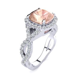 2-1/2 Carat Cushion Cut Morganite and Halo Diamond Ring With Fancy Band In 14 Karat White Gold