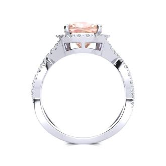 2-1/2 Carat Cushion Cut Morganite and Halo Diamond Ring With Fancy Band In 14 Karat White Gold