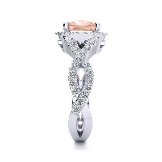 2-1/2 Carat Cushion Cut Morganite and Halo Diamond Ring With Fancy Band In 14 Karat White Gold