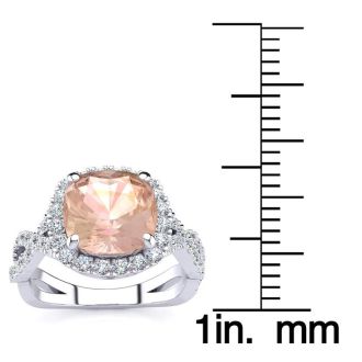 2-1/2 Carat Cushion Cut Morganite and Halo Diamond Ring With Fancy Band In 14 Karat White Gold