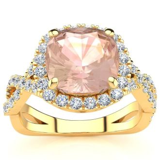 2-1/2 Carat Cushion Cut Morganite and Halo Diamond Ring With Fancy Band In 14 Karat Yellow Gold