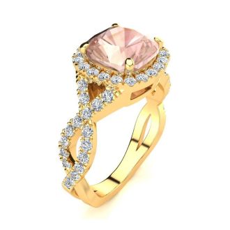 2-1/2 Carat Cushion Cut Morganite and Halo Diamond Ring With Fancy Band In 14 Karat Yellow Gold