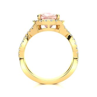 2-1/2 Carat Cushion Cut Morganite and Halo Diamond Ring With Fancy Band In 14 Karat Yellow Gold