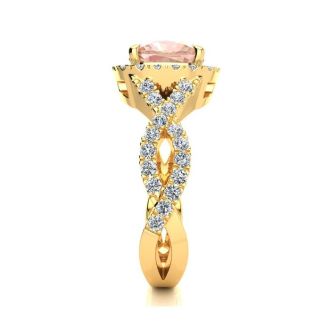 2-1/2 Carat Cushion Cut Morganite and Halo Diamond Ring With Fancy Band In 14 Karat Yellow Gold