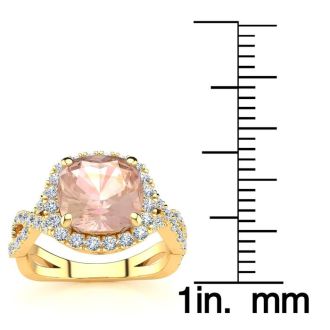 2-1/2 Carat Cushion Cut Morganite and Halo Diamond Ring With Fancy Band In 14 Karat Yellow Gold