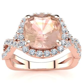 2-1/2 Carat Cushion Cut Morganite and Halo Diamond Ring With Fancy Band In 14 Karat Rose Gold