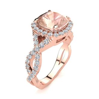 2-1/2 Carat Cushion Cut Morganite and Halo Diamond Ring With Fancy Band In 14 Karat Rose Gold
