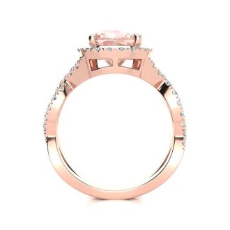 2 1/2 Carat Cushion Cut Morganite and Halo Diamond Ring With Fancy Band In 14 Karat Rose Gold