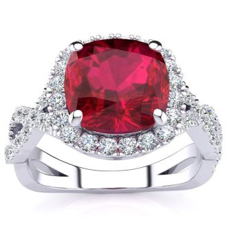 3 1/2 Carat Cushion Cut Ruby and Halo Diamond Ring With Fancy Band In 14 Karat White Gold
