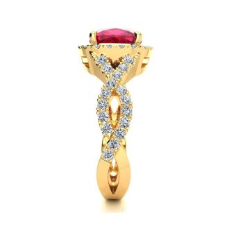 3 1/2 Carat Cushion Cut Ruby and Halo Diamond Ring With Fancy Band In 14 Karat Yellow Gold