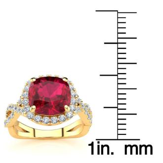 3 1/2 Carat Cushion Cut Ruby and Halo Diamond Ring With Fancy Band In 14 Karat Yellow Gold