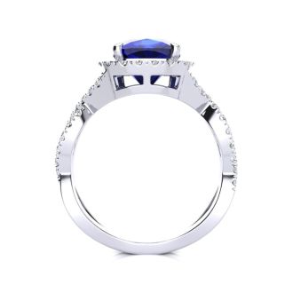 3 1/2 Carat Cushion Cut Sapphire and Halo Diamond Ring With Fancy Band In 14 Karat White Gold