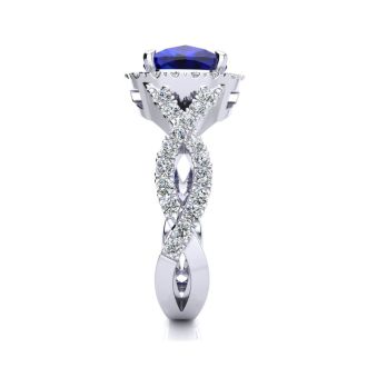 3 1/2 Carat Cushion Cut Sapphire and Halo Diamond Ring With Fancy Band In 14 Karat White Gold