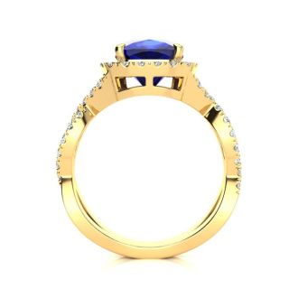 3 1/2 Carat Cushion Cut Sapphire and Halo Diamond Ring With Fancy Band In 14 Karat Yellow Gold
