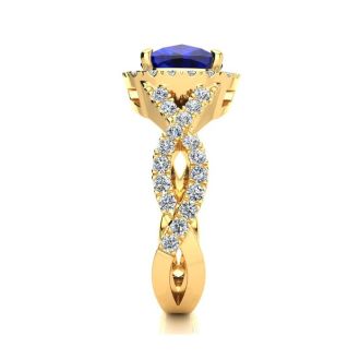 3 1/2 Carat Cushion Cut Sapphire and Halo Diamond Ring With Fancy Band In 14 Karat Yellow Gold