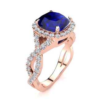 3 1/2 Carat Cushion Cut Sapphire and Halo Diamond Ring With Fancy Band In 14 Karat Rose Gold