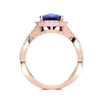 3 1/2 Carat Cushion Cut Sapphire and Halo Diamond Ring With Fancy Band In 14 Karat Rose Gold