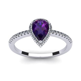 3/4 Carat Pear Shape Amethyst and Halo Diamond Ring In 14 Karat White Gold