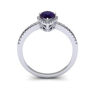 3/4 Carat Pear Shape Amethyst and Halo Diamond Ring In 14 Karat White Gold