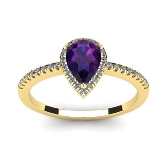 3/4 Carat Pear Shape Amethyst and Halo Diamond Ring In 14 Karat Yellow Gold
