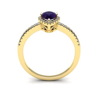 3/4 Carat Pear Shape Amethyst and Halo Diamond Ring In 14 Karat Yellow Gold