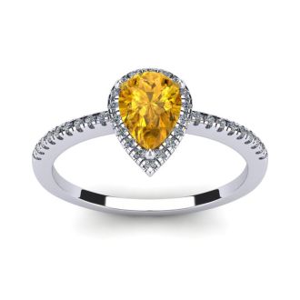 3/4 Carat Pear Shape Citrine and Halo Diamond Ring In 14 Karat White Gold