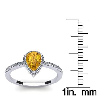 3/4 Carat Pear Shape Citrine and Halo Diamond Ring In 14 Karat White Gold