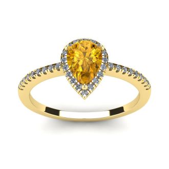3/4 Carat Pear Shape Citrine and Halo Diamond Ring In 14 Karat Yellow Gold