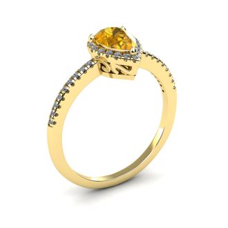 3/4 Carat Pear Shape Citrine and Halo Diamond Ring In 14 Karat Yellow Gold