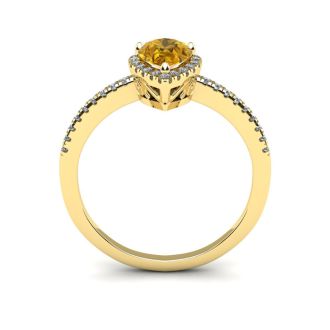 3/4 Carat Pear Shape Citrine and Halo Diamond Ring In 14 Karat Yellow Gold