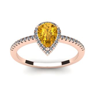 3/4 Carat Pear Shape Citrine and Halo Diamond Ring In 14 Karat Rose Gold
