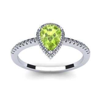 1 Carat Pear Shape Peridot and Halo Diamond Ring In 14 Karat White Gold