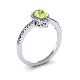 1 Carat Pear Shape Peridot and Halo Diamond Ring In 14 Karat White Gold