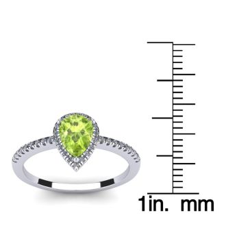 1 Carat Pear Shape Peridot and Halo Diamond Ring In 14 Karat White Gold
