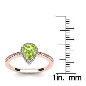 1 Carat Pear Shape Peridot and Halo Diamond Ring In 14 Karat Rose Gold