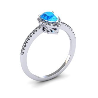1 Carat Pear Shape Blue Topaz and Halo Diamond Ring In 14 Karat White Gold