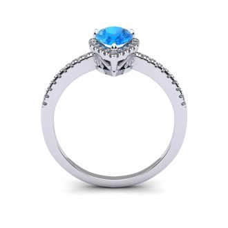 1 Carat Pear Shape Blue Topaz and Halo Diamond Ring In 14 Karat White Gold