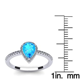 1 Carat Pear Shape Blue Topaz and Halo Diamond Ring In 14 Karat White Gold