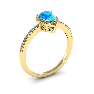1 Carat Pear Shape Blue Topaz and Halo Diamond Ring In 14 Karat Yellow Gold