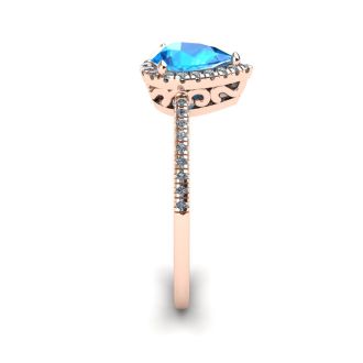 1 Carat Pear Shape Blue Topaz and Halo Diamond Ring In 14 Karat Rose Gold