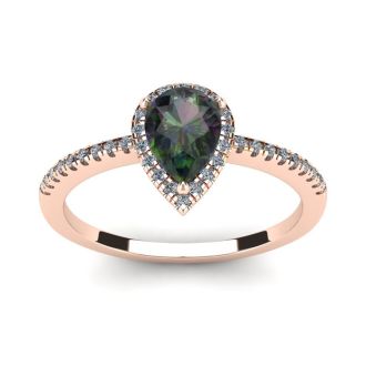 1 Carat Pear Shape Mystic Topaz Ring With Diamond Halo In 14 Karat Rose Gold