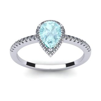 Aquamarine Ring: Aquamarine Jewelry: 3/4 Carat Pear Shape Aquamarine and Halo Diamond Ring In 14 Karat White Gold