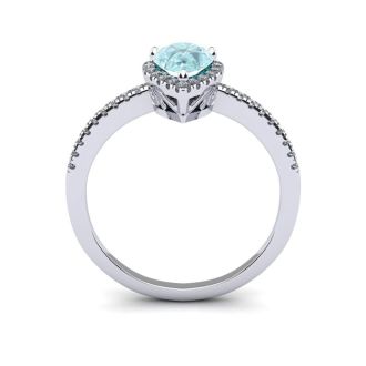 Aquamarine Ring: Aquamarine Jewelry: 3/4 Carat Pear Shape Aquamarine and Halo Diamond Ring In 14 Karat White Gold