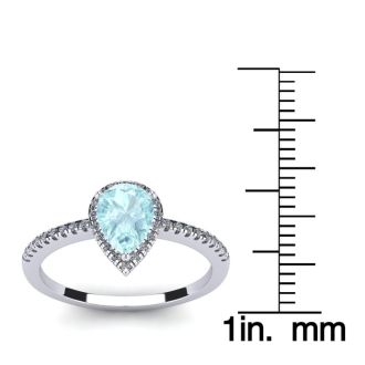 Aquamarine Ring: Aquamarine Jewelry: 3/4 Carat Pear Shape Aquamarine and Halo Diamond Ring In 14 Karat White Gold